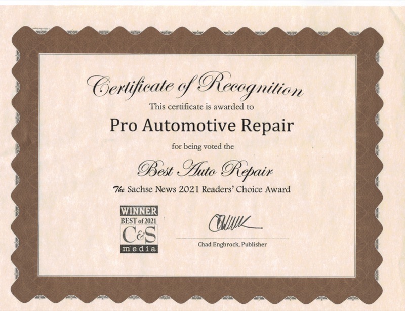 Best Auto Repair Shop 2021 - Sachse News Readers Choice Award